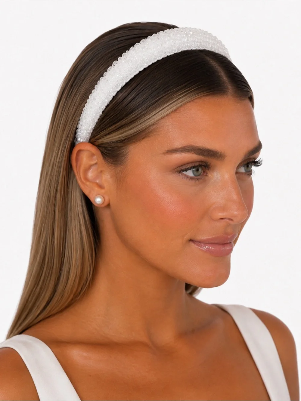 White Faceted Beaded Padded Headband Bridal Coquette Wedding Hair Accessory